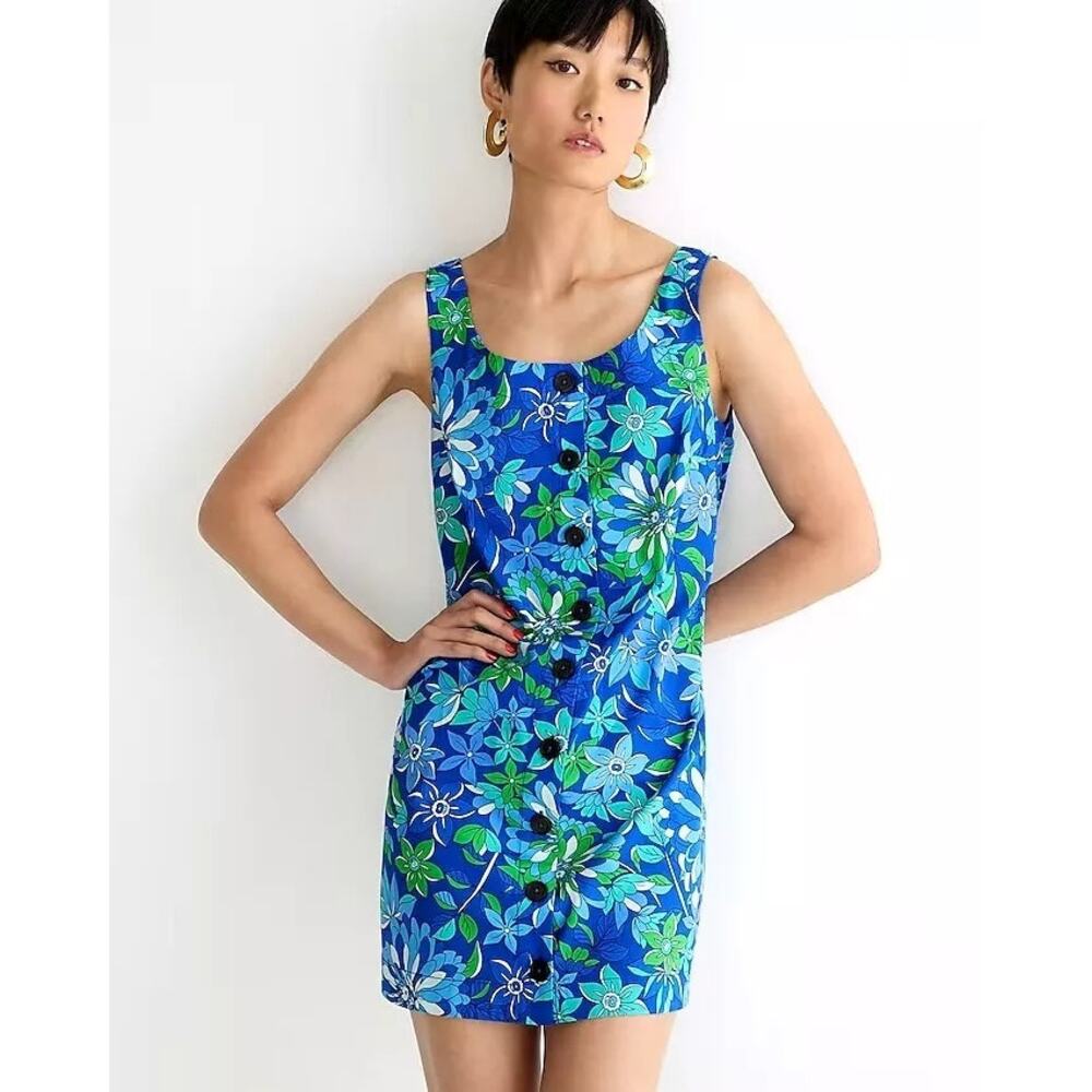 J.Crew Bold Floral Sleeveless Button Front Shift Mini Dress S Blue White #3398